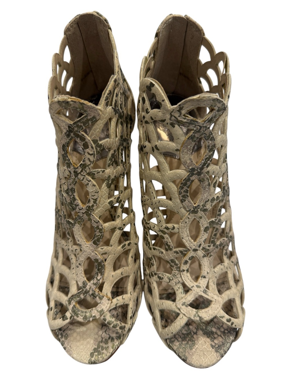 VINCE CAMUTO Beige Snake-Print Cutout Booties